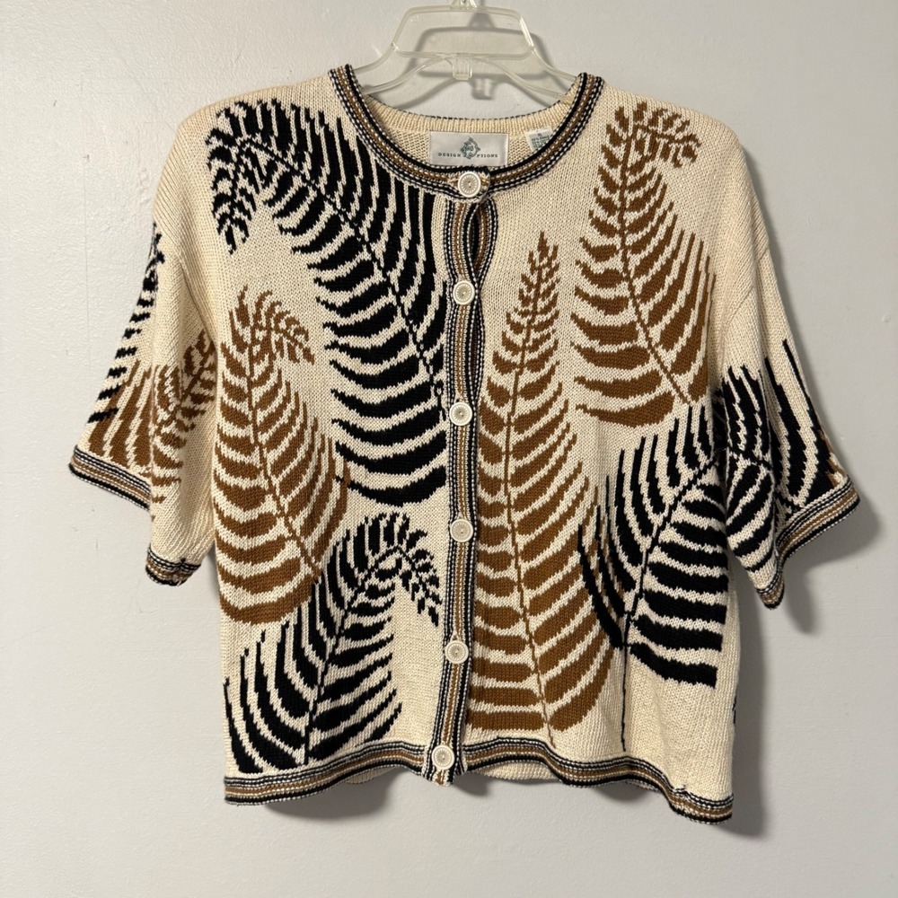Design Options Fern Pattern Cardigan Sweater Women's XL Cream‎ Brown Black VTG